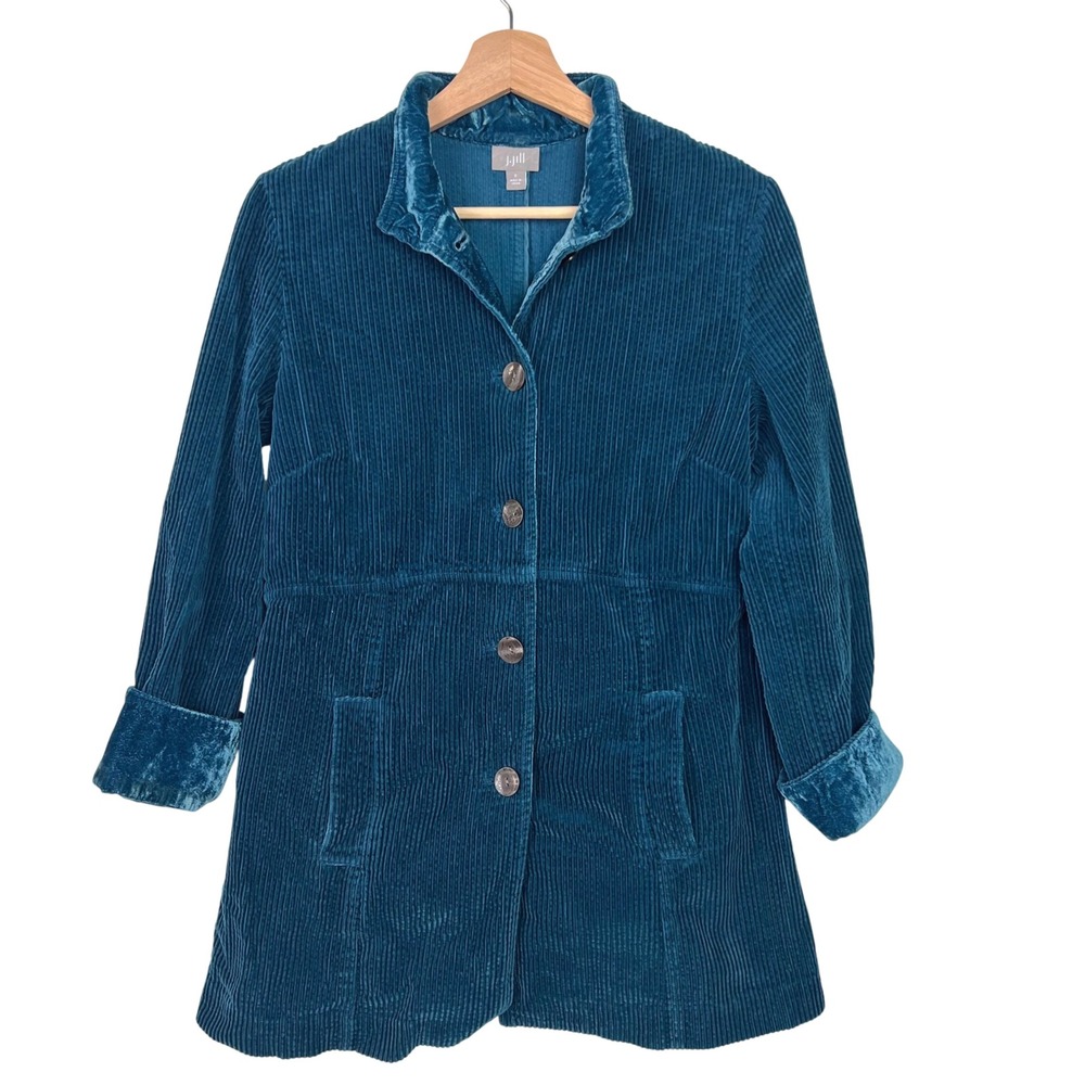J. Jill Teal Blue Wide Wale Corduroy Velvet Trim Button Front Jacket Womens S